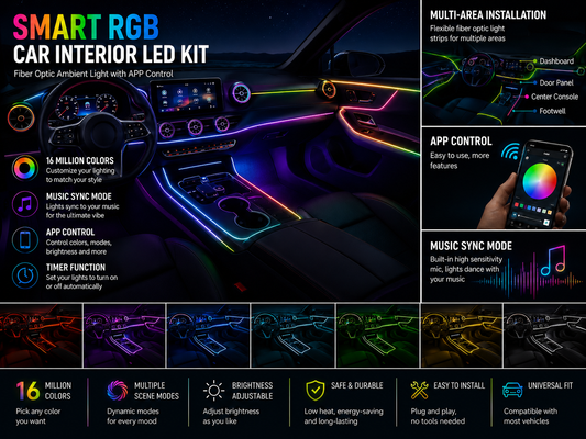 Smart RGB Car Interior LED Fiber Optic Ambient Light Kit- App Controlled